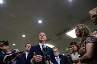 House Managers Rep. Adam Schiff (D-CA) speaks next to Rep. Jerry Nadler (D-NY) during a news conference near the Senate Subway to discuss the Senate impeachment trial of President Trump in Washington