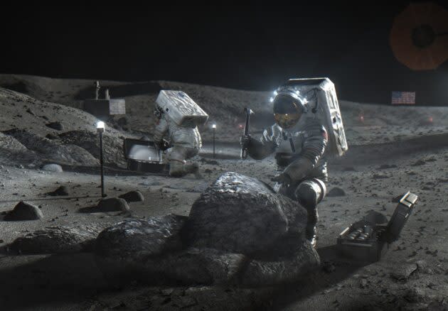 An artist’s conception shows astronauts at work on the moon. (NASA Illustration)