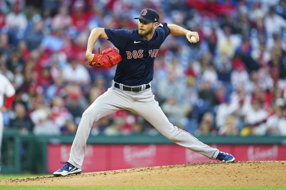 Boston Red Sox starting pitcher Chris Sale delivers during the first inning of a baseball game against the Philadelphia Phillies, Friday, May 5, 2023, in Philadelphia. (AP Photo/Chris Szagola)