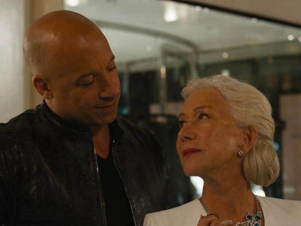 Vin Diesel as Dominic Toretto and Helen Mirren as Queenie in "F9."