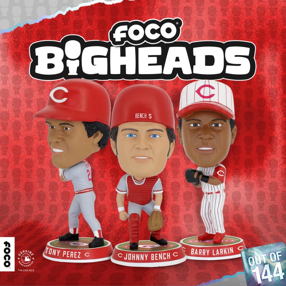 Cincinnati Reds alumni Bighead bobbleheads of Tony Perez, Johnny Bench and Barry Larkin