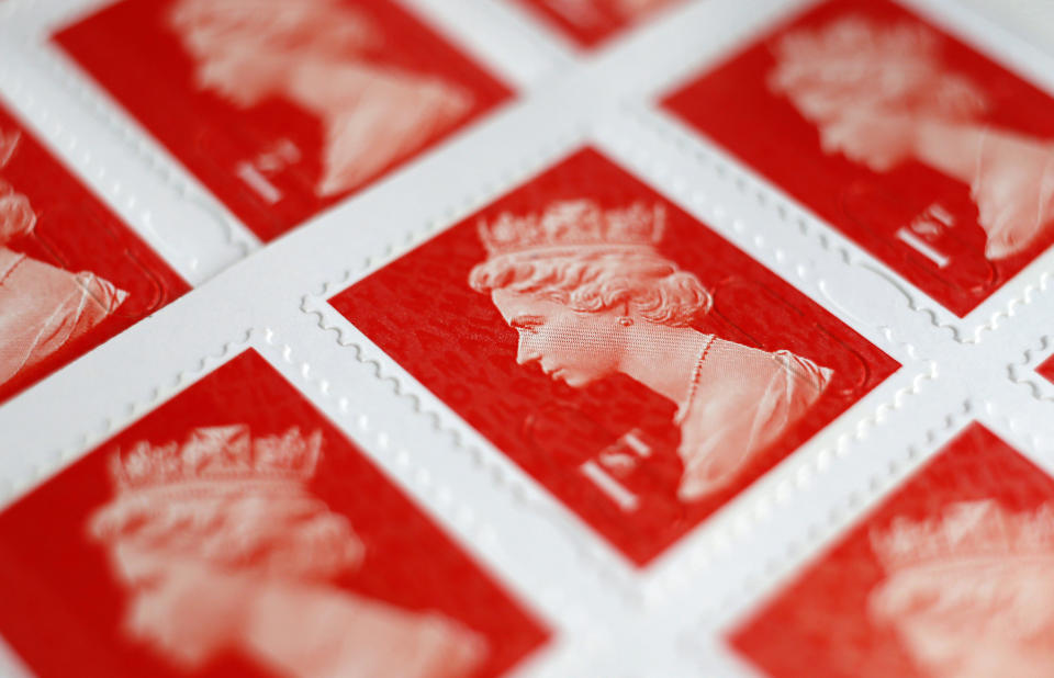 Royal Mail A book of first class postage stamps are seen in detail in Manchester, northern England, September 12, 2013.  Britain embarked on its largest privatisation in decades on Thursday as the government unveiled plans to sell the majority of the near 500-year-old state-owned Royal Mail postal service. The Department for Business said a stock market flotation would take place in coming weeks, giving the public a chance to buy into the postal network. Ten percent of the shares will be given to Royal Mail staff.REUTERS/Phil Noble (BRITAIN - Tags: BUSINESS POLITICS)