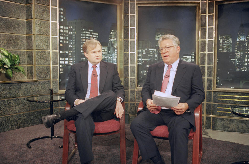 Players Association head Donald Fehr, left, and Major League Baseball owners? chief negotiator Richard Ravitch prepare to go the air during a live interview on CNN?s ?Larry King Live? from the cable network?s in New York studio, Thursday, August 11, 1994. Though cracks appeared in the owners? solidarity, players finished their games, packed their bags and prepared for a strike on Thursday at night that could wipe out what?s left of an extraordinary season. (AP Photo/David Karp)