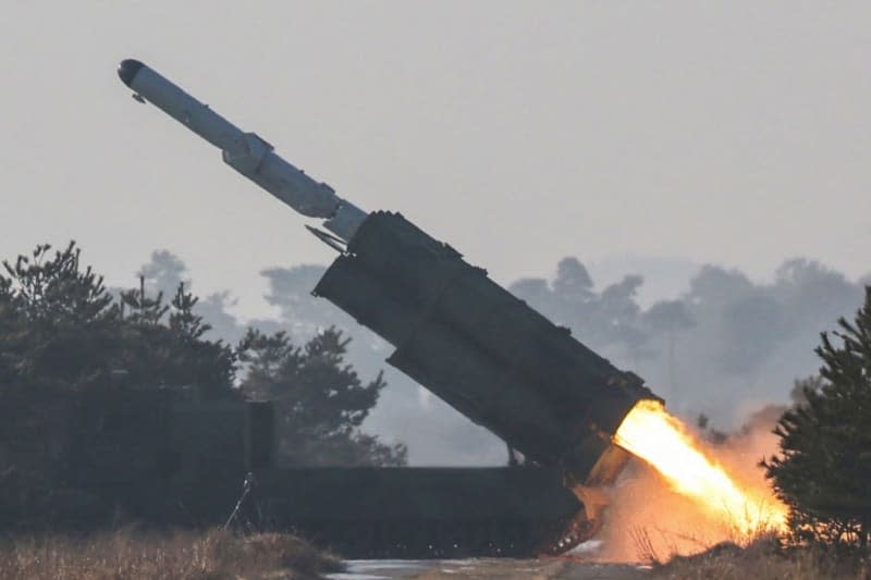 A picture released by the North Korean State News Agency (KCNA) on 15 February 2024 shows a test firing of the new-type surface-to-sea missile Padasuri-6, at an undisclosed location in North Korea. -/KCNA via YNA/dpa