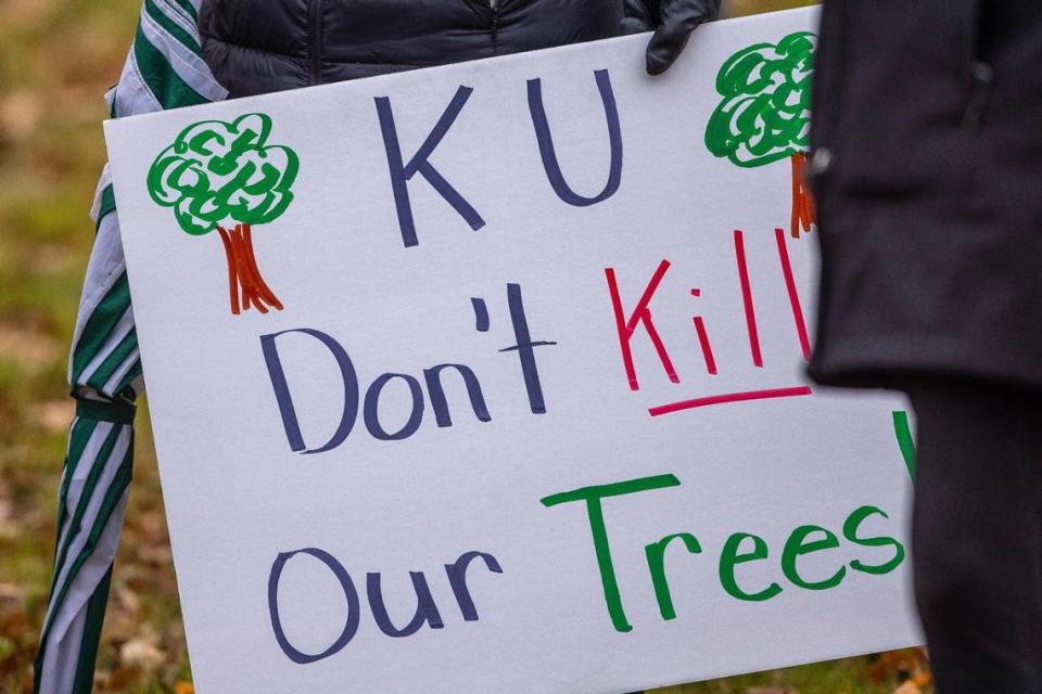 People protest as workers prepare to cut trees underneath KU utility lines along Lansdowne Drive in Lexington, Ky., on Wednesday, Dec. 1, 2021.