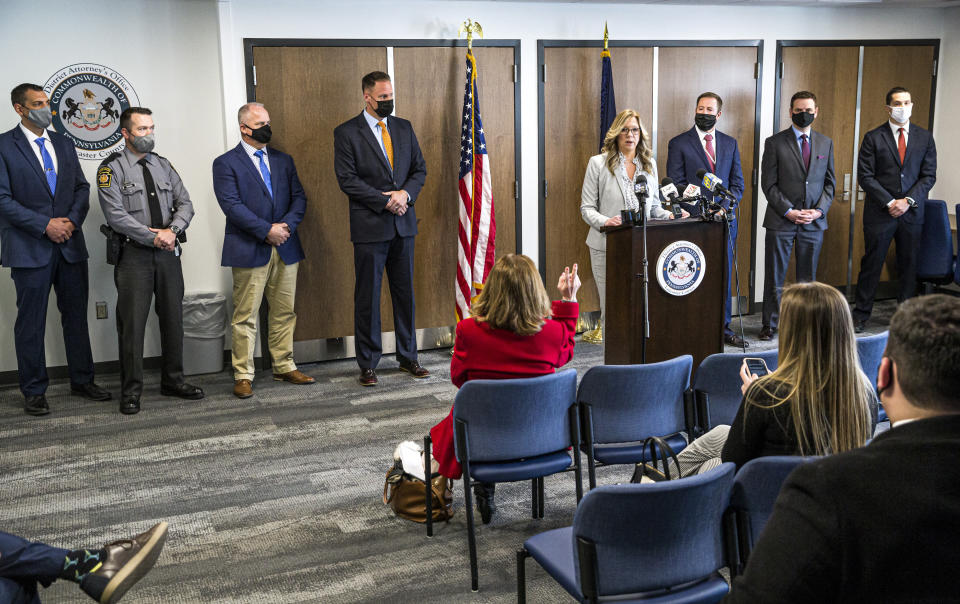 Lancaster County District Attorney Heather Adams briefs the media on the Linda Stoltzfoos case during a news conference at the Lancaster County courthouse, Thursday, April 22, 2021, in Lancaster, Pa. Stoltzfoos, 18, was last seen walking home from church in the Bird-in-Hand area on June 21, 2020. Her remains were found in a grave along railroad tracks behind a business where the man charged in her death had worked. (Dan Gleiter/PennLive/The Patriot-News via AP)