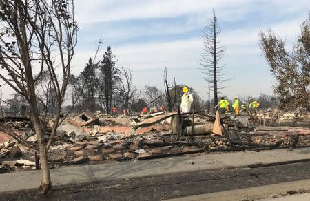 Search-and-rescue teams comb through the Coffey Park area looking for dozens of people still missing in the state's deadliest wildfires, in Santa Rosa, California, U.S., October 17, 2017. REUTERS/Jim Christie