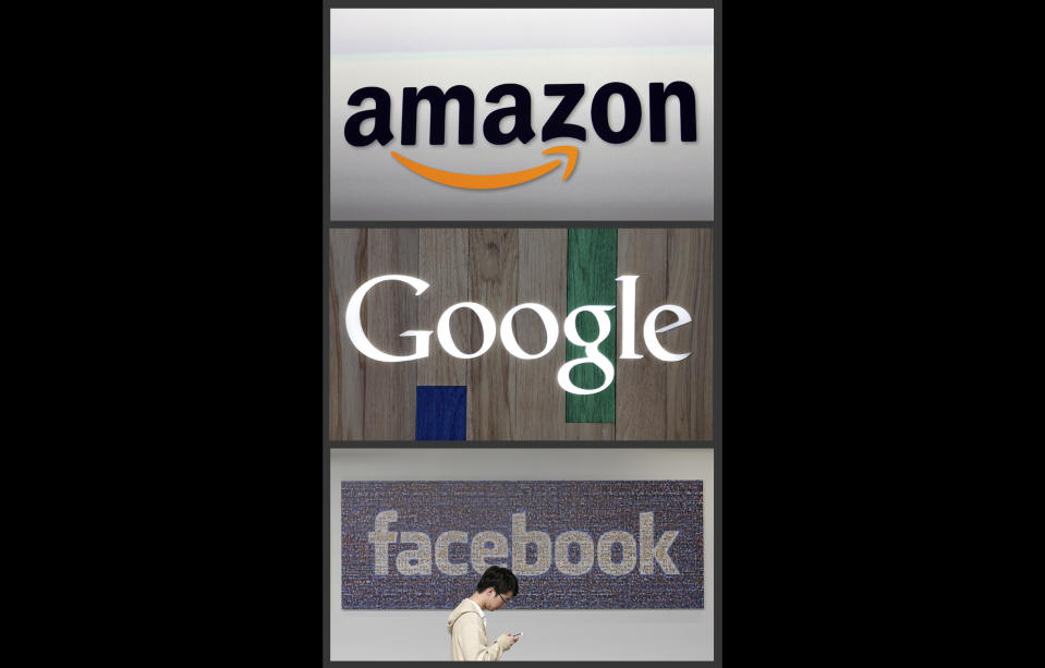 FILE - This file photo combo of images shows the Amazon, Google and Facebook logos. The U.S. Department of Justice is opening a sweeping antitrust investigation of major technology companies and whether their online platforms have hurt competition, suppressed innovation or otherwise harmed consumers. The announcement follows months of concern in Congress and elsewhere over the sway of firms like Google, Facebook and Amazon. (AP Photo/File)