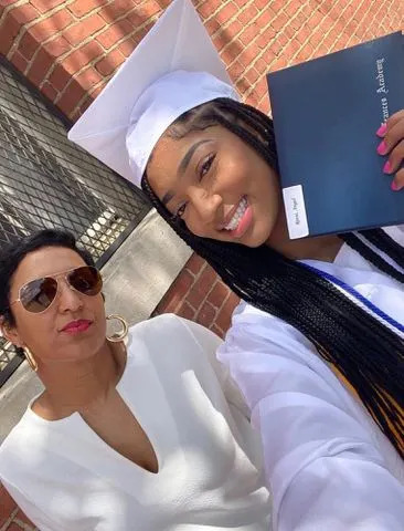 <p>Angel Reese X</p> Angel Reese and her mom Angel Webb Reese celebrating her high school graduation.