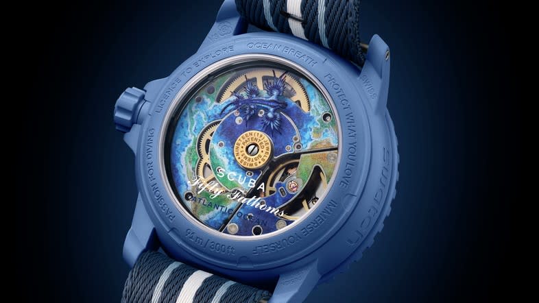 Blancpain x Swatch Bioceramic Scuba Fifty Fathoms Atlanta Ocean featuring the Glaucus Atlanticus on the rotor