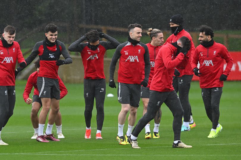 Diogo Jota of Liverpool back training with his team mates during a training session