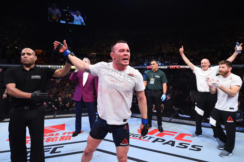 SAO PAULO, BRAZIL - OCTOBER 28:  Colby Covington celebrates after defeating Demian Maia of Brazil in their welterweight bout during the UFC Fight Night event inside the Ibirapuera Gymnasium on October 28, 2017 in Sao Paulo, Brazil. (Photo by Josh Hedges/Zuffa LLC/Zuffa LLC via Getty Images)