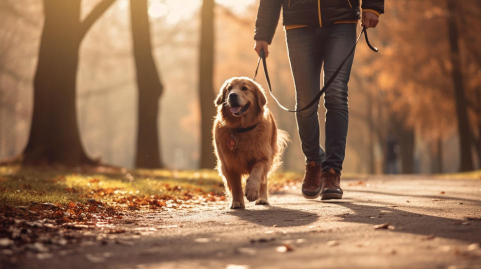 A pet parent walking with their dog in a park, a reminder of the company's care services.