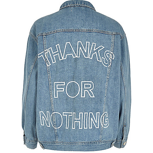 <p> <a rel="nofollow noopener" href="http://www.riverisland.com/women/coats--jackets/jackets/plus-light-blue-slogan-print-denim-jacket-694264" target="_blank" data-ylk="slk:River Island, £55;elm:context_link;itc:0;sec:content-canvas" class="link ">River Island, £55</a> </p>