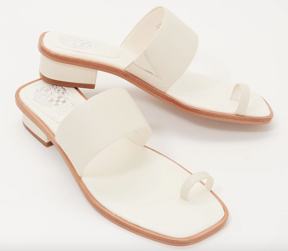 white sandals, loop toe, vince camuto