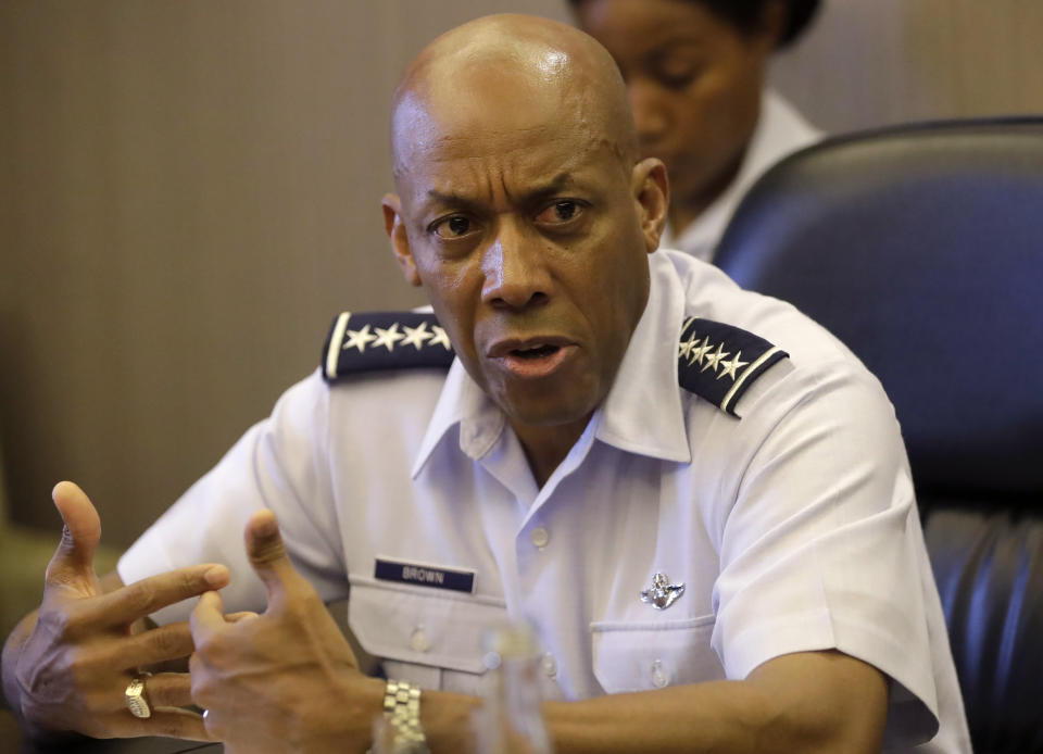 FILE - In this May 16, 2019, file photo, Gen. Charles Q. Brown, Jr., commander of the U.S. Pacific Air Force talks to a select group of journalists during the course of his visit to the Philippines in suburban Pasay city, south of Manila, Philippines. Brown said at a Defense Writers Group breakfast in Washington that the military should rely more on deception and redirecting the enemy's attention rather than simply the shock and awe of expensive weapons. (AP Photo/Bullit Marquez, File)