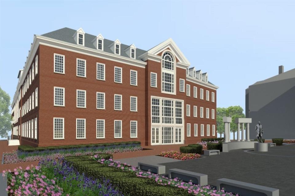 A rendering of the Department of Legislative Services building scheduled to be completed in December 2024. In the foreground is Lawyers Mall with its statute of Thurgood Marshall, who once argued cases on the site when the state's Court of Appeals Building stood there.