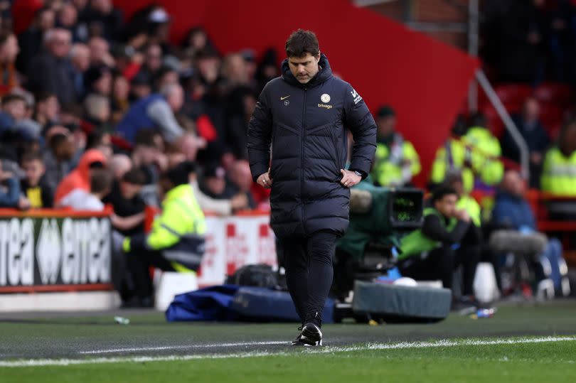 Mauricio Pochettino, Manager of Chelsea, looks dejected during the Premier League match between Sheffield United and Chelsea FC at Bramall Lane on April 07, 2024