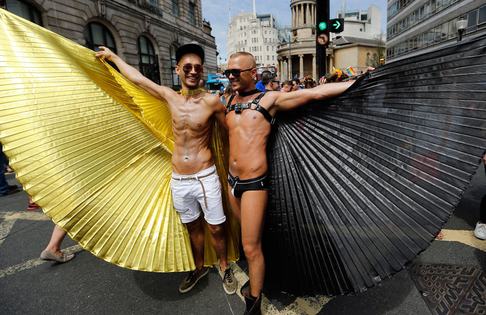 <p>Revelers enjoy the Pride London Parade in London, Saturday, July 8, 2017. (Photo: Frank Augstein/AP) </p>