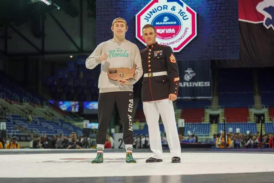 Team Florida freestyle wrestler Michael Mocco of Cardinal Gibbons High School was named Most Outstanding after finishing first in the boys’ 220-pound division at the USMC 16U National Championships in Fargo, North Dakota. Photo Via Team Florida Wrestling Facebook