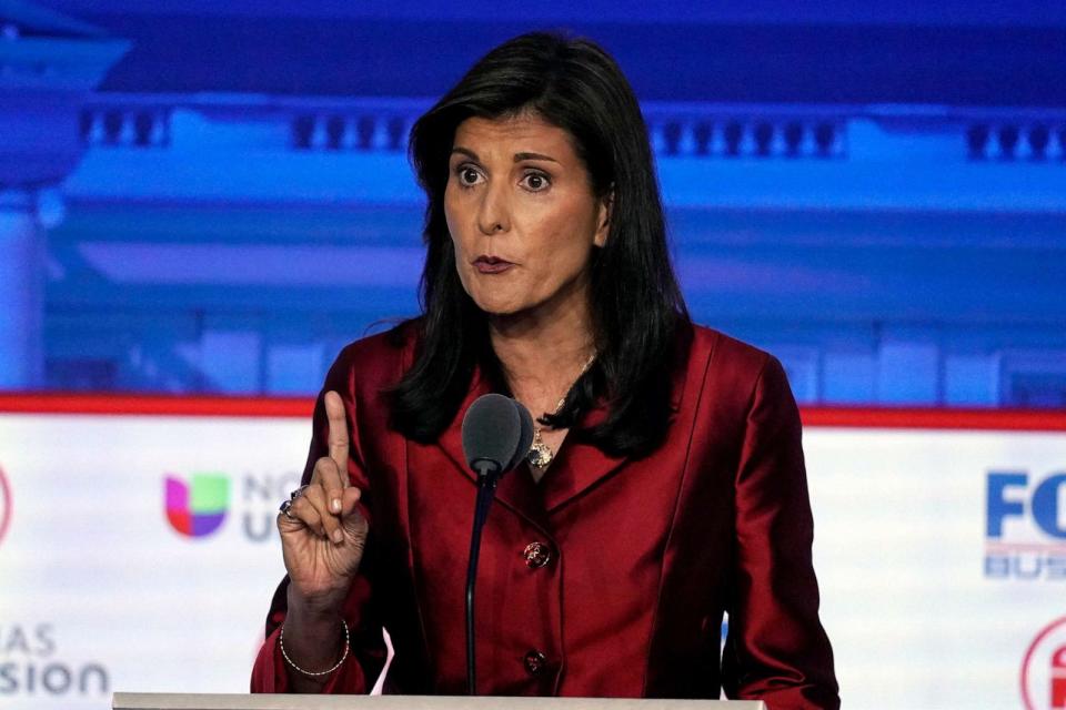 PHOTO: Former U.N. Ambassador Nikki Haley speaks during a Republican presidential primary debate hosted by FOX Business Network and Univision, Sept. 27, 2023, at the Ronald Reagan Presidential Library in Simi Valley, Calif. (Mark J. Terrill/AP)