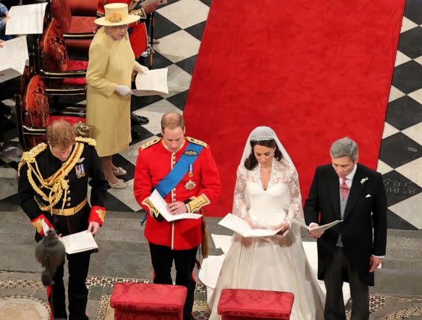 PHOTO: Left, Prince Harry, Prince William Duke of Cambridge, Catherine Duchess of Cambridge and Michael Middleton stand at the altar of Westminster Abbey on April 29, 2011 in London. (Wpa Pool/Getty Images, FILE)