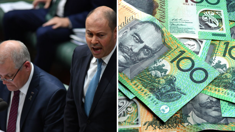 Left: Josh Frydenberg and Scott Morrison. Right: Australia $100 notes.