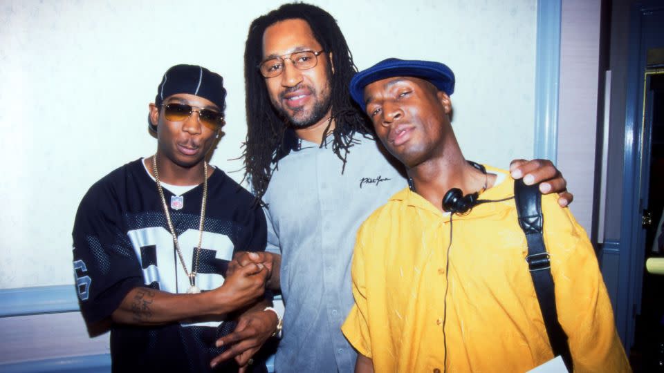 DJ Kool Herc (center) pictured with fellow rappers Ja Rule and Grandmaster Flash, circa 2000. - David Corio/Michael Ochs Archives/Getty Images