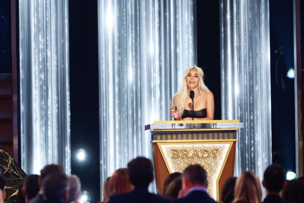 inglewood, california may 05 kim kardashian speaks onstage during groat the greatest roast of all time tom brady for the netflix is a joke festival at the kia forum on may 05, 2024 in inglewood, california photo by matt winkelmeyergetty images for netflix