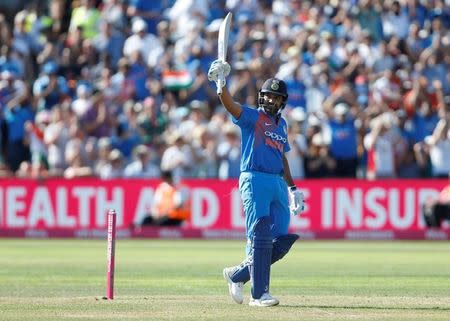 Cricket - England v India - Third International T20 - The Brightside Ground, Bristol, Britain - July 8, 2018 India's Rohit Sharma celebrates after reaching a century Action Images via Reuters/Ed Sykes