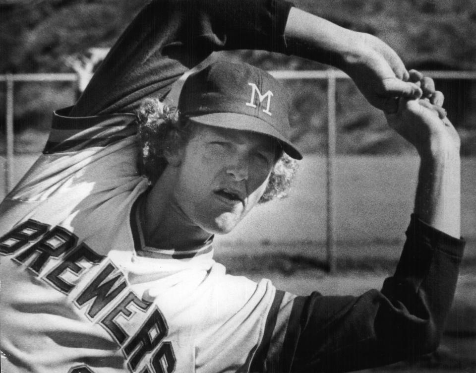 Eighteen-year-old rookie Robin Yount limbered up at the Milwaukee Brewers spring training camp in Sun City, Arizona in 1974.