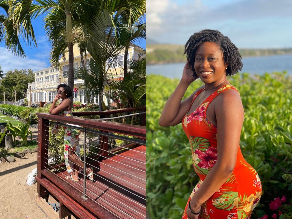 Ashley Nealy in hawaii, standing in behind fence (left) and posing in front of water (right)