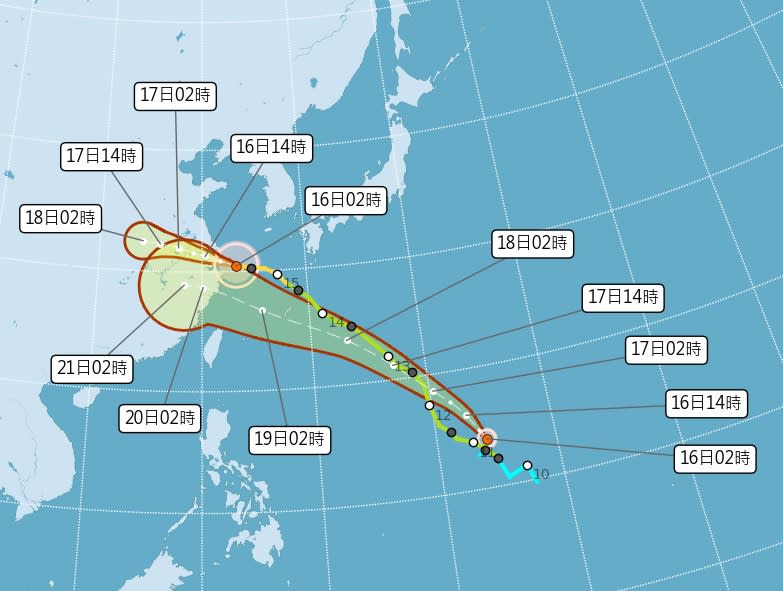 原位於關島附近海面的熱帶性低氣壓，昨天（15日）晚間8時發展為輕度颱風，編號第14號「葡萄桑」。（圖：氣象署網站）