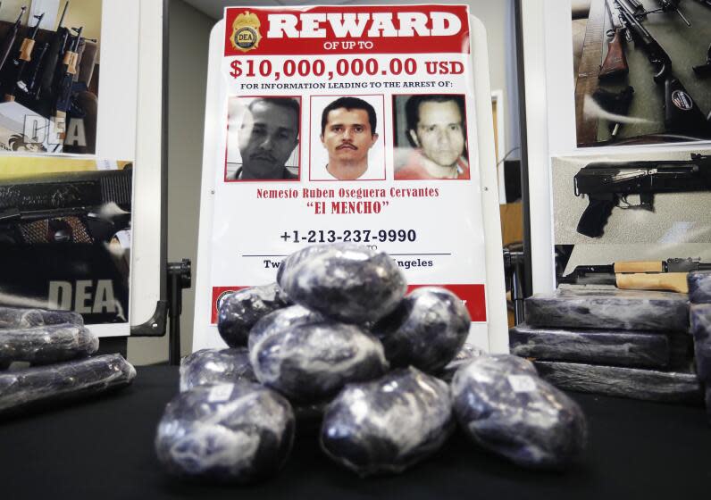 DEA agents fanned out across the United States Wednesday, culminating a six-month investigation with the primary goal of dismantling the upper echelon of Cartel Jalisco New Generation (CJNG) and hoping to get closer to capturing its leader, one of the most wanted men in America, Nemesio "El Mencho" Oseguera. There's a $10 million reward for the arrest of him. Photos of him and methamphetamines recently confiscated was displayed at a news conference at the DEA San Diego office.