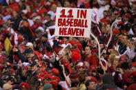 ST LOUIS, MO - OCTOBER 28: A St. Louis Cardinals fan holds up a sign during Game Seven of the MLB World Series against the Texas Rangers at Busch Stadium on October 28, 2011 in St Louis, Missouri. (Photo by Doug Pensinger/Getty Images)