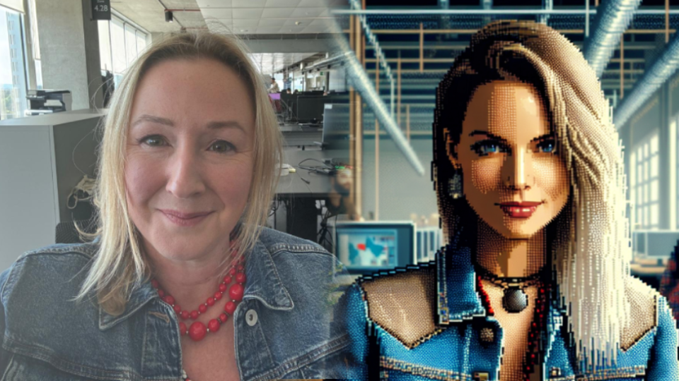 Two pictures side-by-side. On the left, Zoe Kleinman. On the right, a pixellated drawing of her generated by AI.