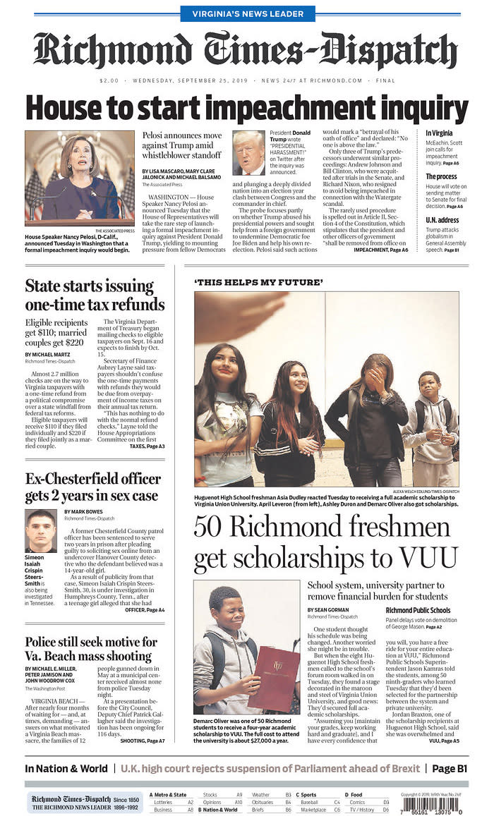 House to start impeachment inquiry Richmond Times-Dispatch Published in Richmond, Va. USA. (newseum.org)