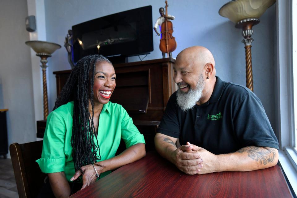 Founder/entrepreneur LaTasha Kaiser and her husband, Llewellyn "Chef Lew" Kaiser, in one of the dining areas of their newly opened vegan restaurant, Kravegan, in San Marco.
