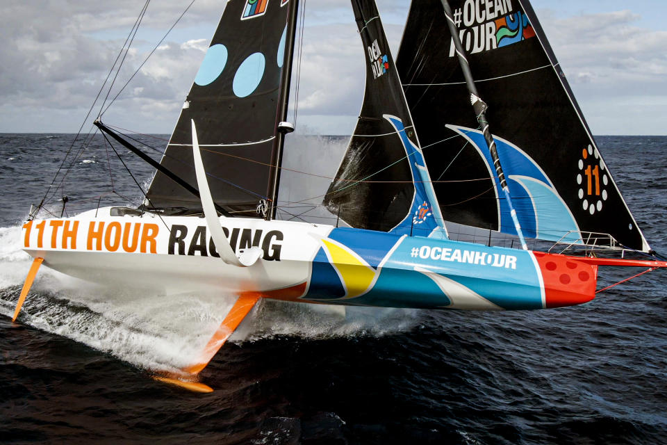 This photo provided by 11th Hour Racing shows 11th Hour Racing Team's Malama heading offshore for the Transat Jacques Vabre qualification run with Charlie Enright and Pascal Bidégorry on Sept. 29, 2021. (Amory Ross/11th Hour Racing via AP)