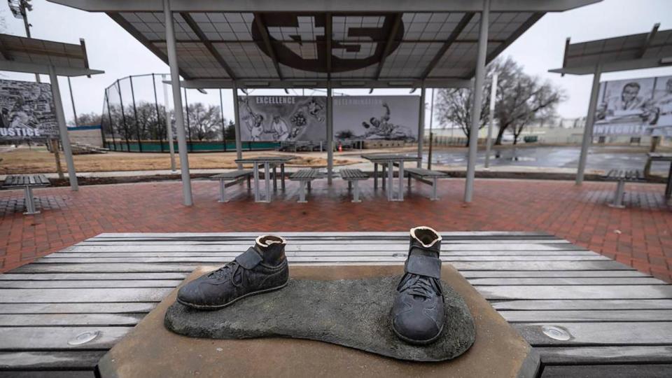 PHOTO: A statue of legendary baseball pioneer Jackie Robinson was stolen from the League 42 field in Wichita, Kansas. (Travis Heying/The Wichita Eagle/TNS via Newscom)