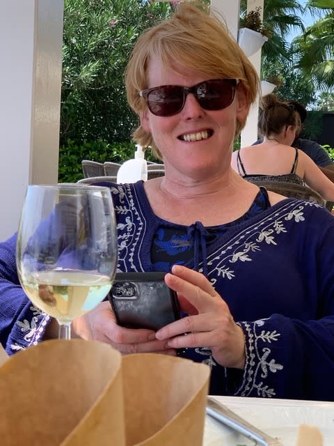 Maria Fox drinking wine on holiday in 2020 before her burnout