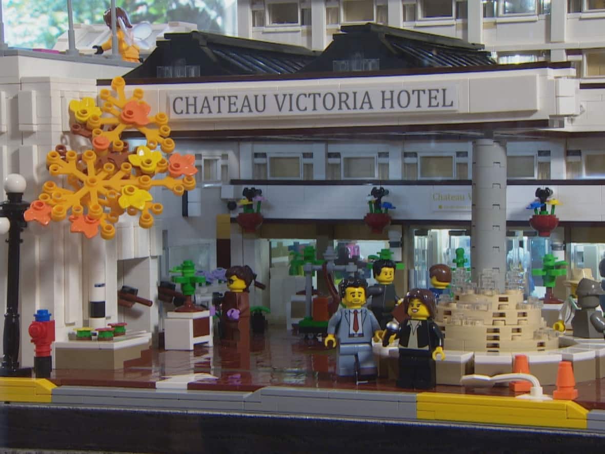 The facade of the Chateau Victoria Hotel. Glenn Waddingham, who has worked at the hotel for nearly 30 years, recreated it using more than 62,000 Lego bricks and figurines. It's now on display at the real hotel's lobby.  (Mike McArthur/CBC - image credit)