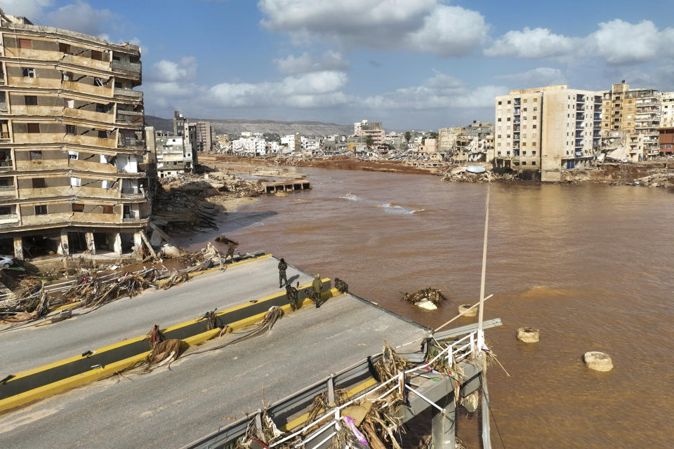 A general view of the city of Derna is seen on Tuesday, Sept. 12., 2023. Mediterranean storm Daniel caused devastating floods in Libya that broke dams and swept away entire neighborhoods in multiple coastal towns, the destruction appeared greatest in Derna city. (AP Photo/Jamal Alkomaty)