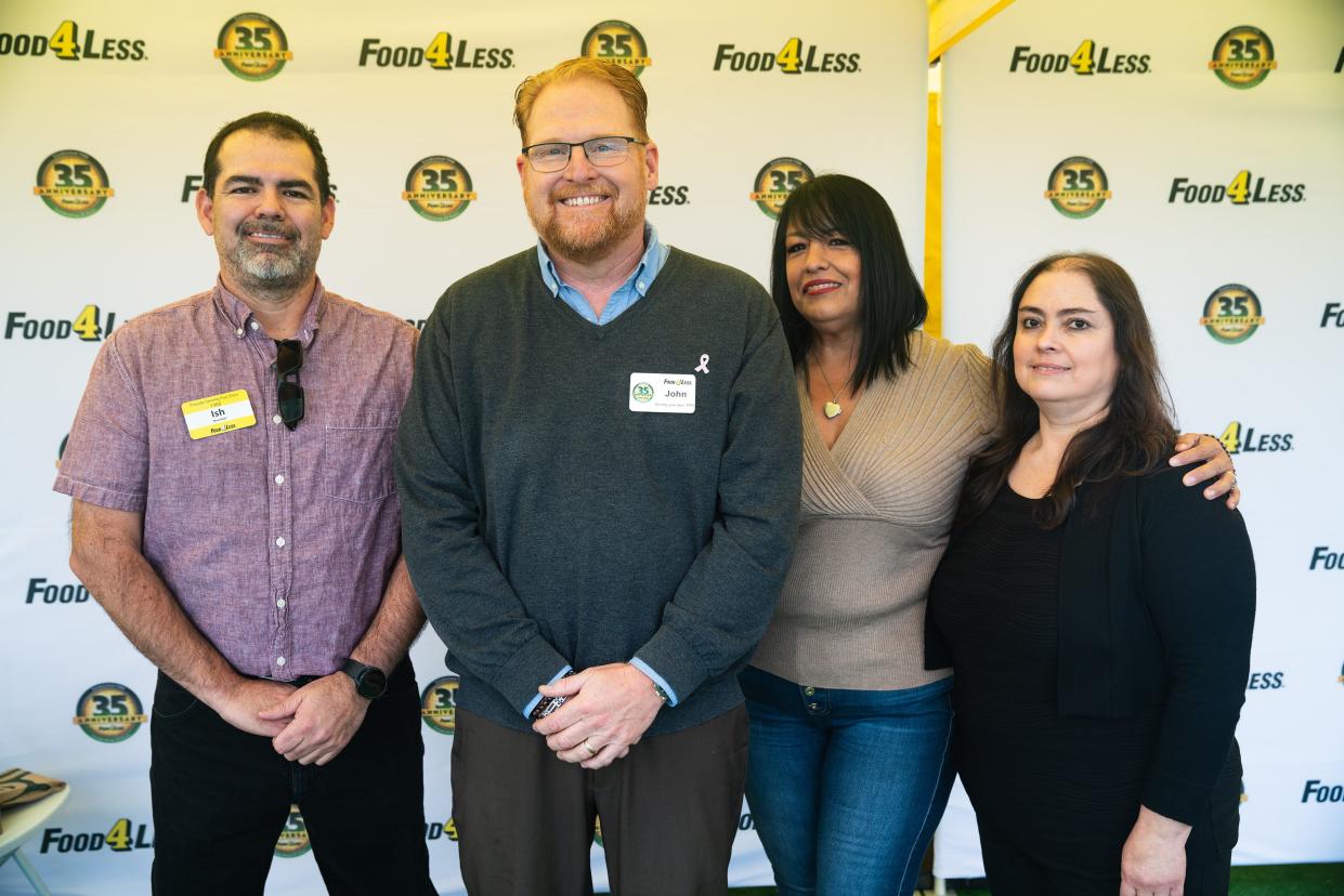 Four employees recognized as Food 4 Less celebrates its 35th anniversary. The associates that have been with the company since day one include, left to right, Barstow receiving clerk Ismael Aguilar,District Leader John Snavely, Colton cashier Alhelo Flores, and Riverside assistant store leader Michele Thompson.