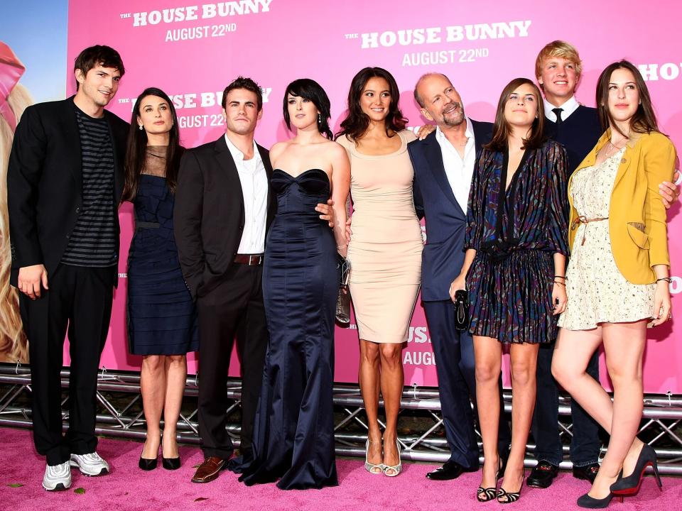 Ashton Kutcher, actress Demi Moore, actor Micah Alberti, actress Rumer Willis, Emma Heming, actor Bruce Willis, Scout Willis and Tallulah Willis arrive at Columbia Pictures' premiere of "House Bunny" held at the Mann Village Theater on August 20, 2008 in Westwood, California