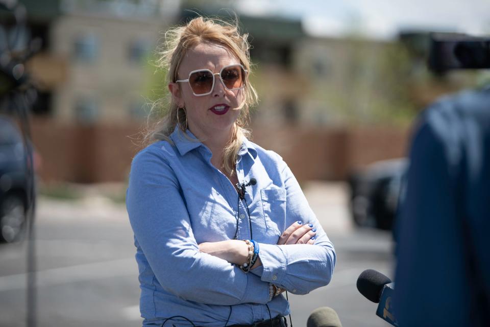 Pueblo Mayor Heather Graham speaks to the media after residents were removed from the Val U Stay Inn & Suites motel on Thursday, April 25, 2024.