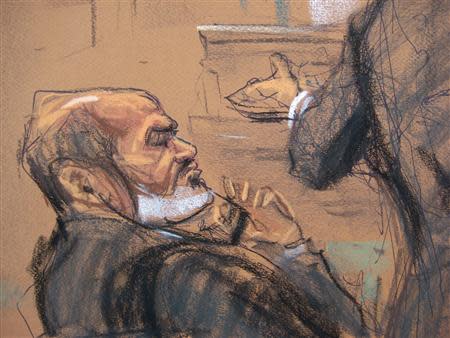 Suleiman Abu Ghaith listens during final arguments in his terrorism trial in federal court in New York in this March 24, 2014 court sketch. REUTERS/Jane Rosenberg
