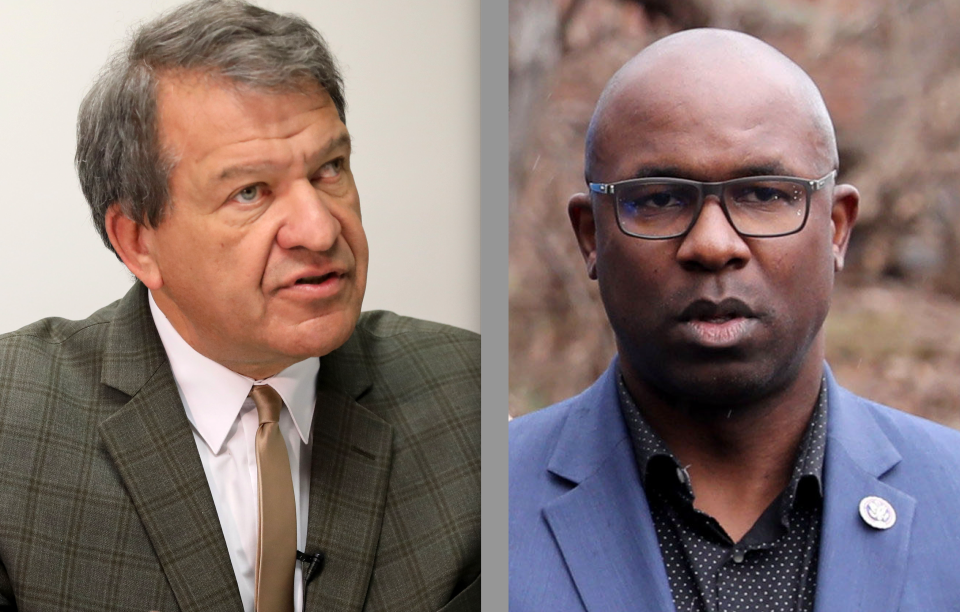 This compiled image shows Westchester County Executive George Latimer, left, and Rep. Jamaal Bowman, right.
