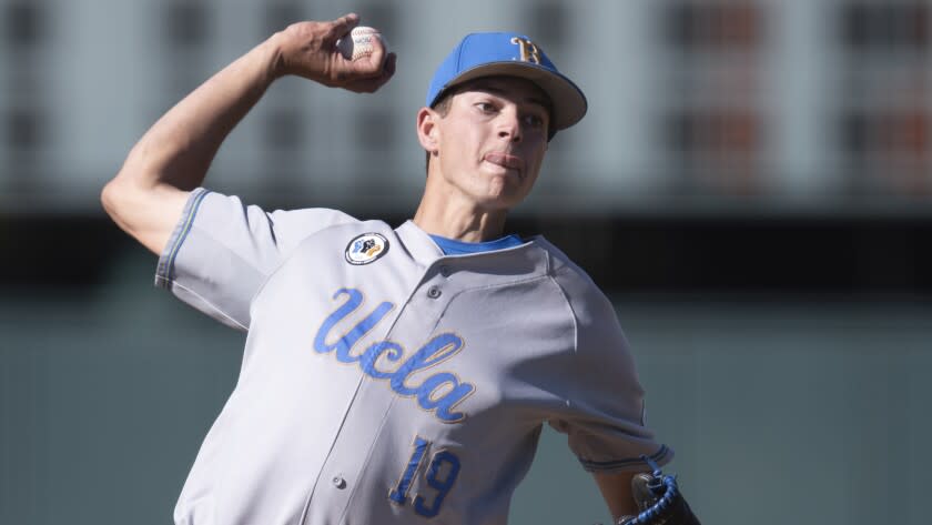 UCLA starting pitcher Jared Karros during an NCAA baseball game against Southern California on Sunday, March 28, 2021, in Los Angeles. (AP Photo/Kyusung Gong)