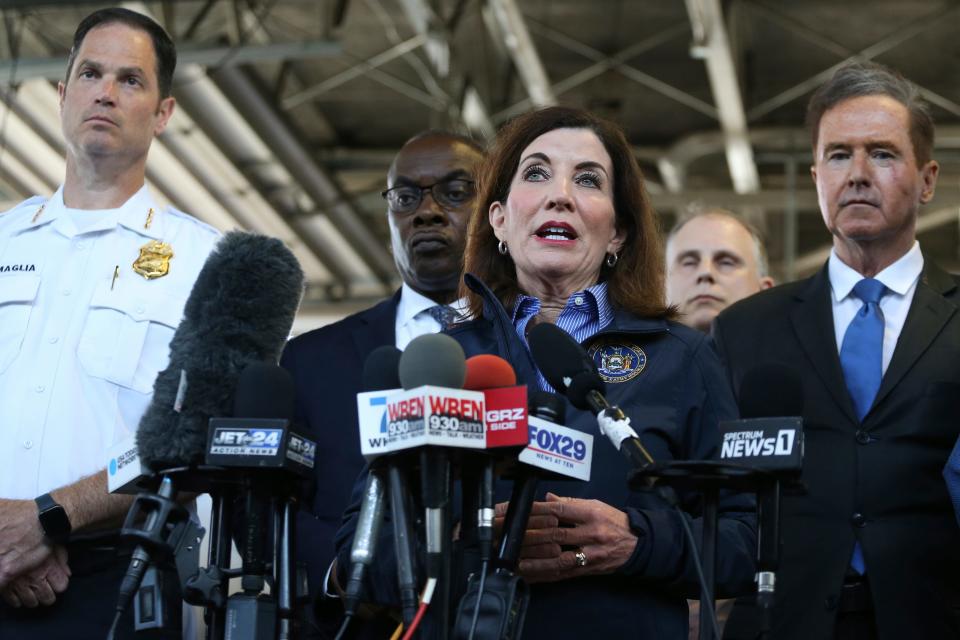 New York Gov. Kathy Hochul speaks during a news conference about Saturday's shooting at a supermarket on Sunday, May 15, 2022, in Buffalo, N.Y. A white 18-year-old wearing military gear and livestreaming with a helmet camera opened fire with a rifle at a supermarket, killing and wounding people in what authorities described as racially motivated violent extremism.